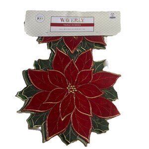 Waverly Green Red 3 Poinsettia Shaped Table Runner 13”x36” Gold Metallic Trim